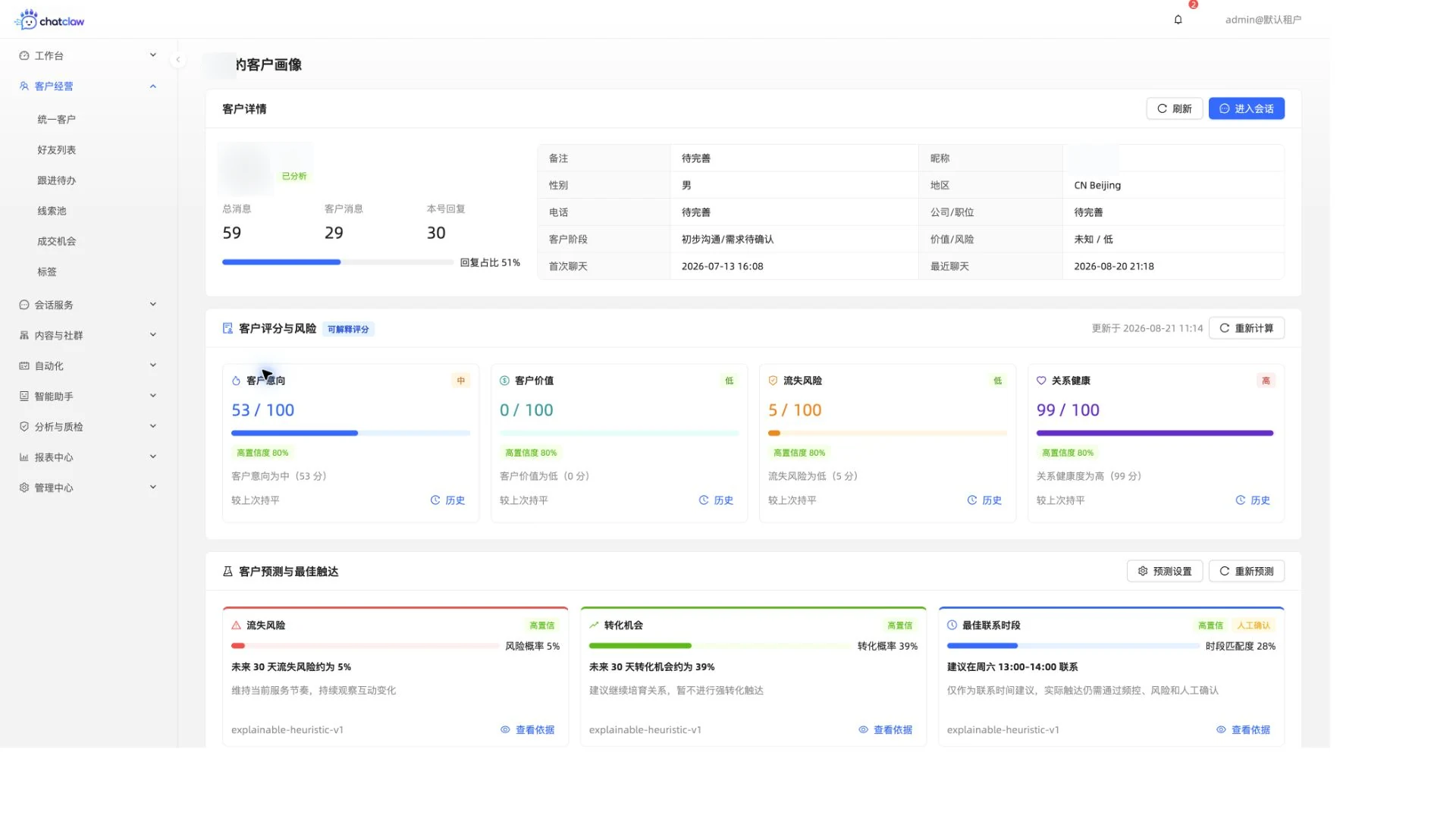 ChatClaw 客户画像真实运行界面，客户头像和微信昵称已模糊